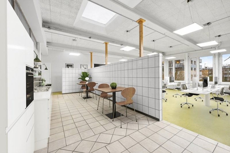 Grossraumbüro + Cafeteria (visualisiert)  