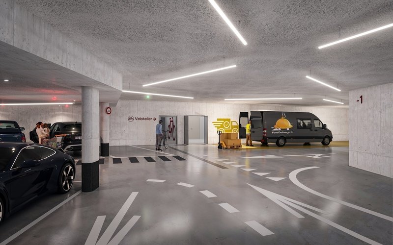 Sprinter-Anlieferung in der Tiefgarage, ergänzend zum LKW-Anliefer-Tunnel im Erdgeschoss