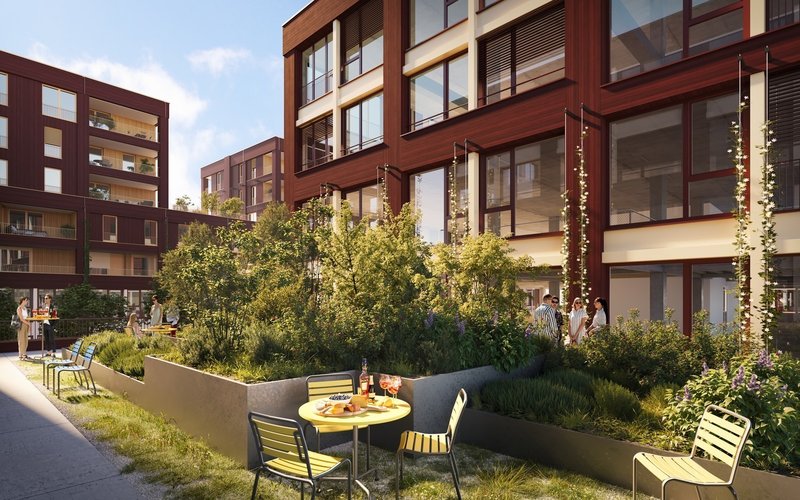 Die begrünten Dachgärten im OG1 sind Begegnungs- und Erholungsorte.