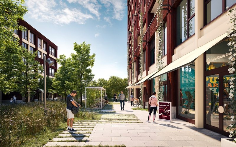 Die unterschiedlichsten Nutzungen bespielen die grüne Gasse und laden zum Verweilen ein.