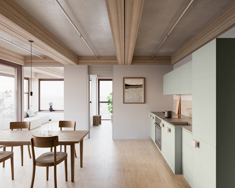 Visualisierung Küche, Ausbauvariante Parkett, Küche in Salbeigrün