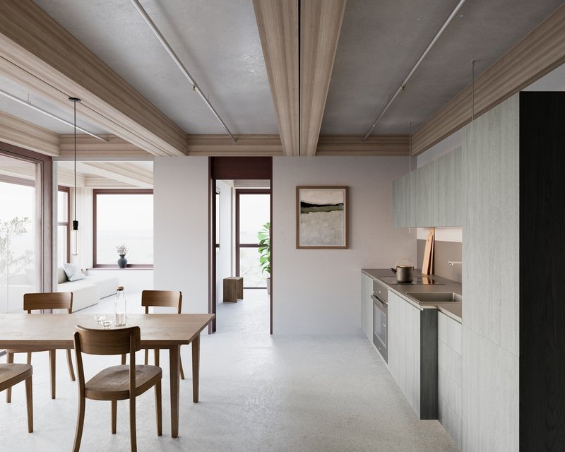 Visualisierung Küche, Ausbauvariante Anhydrit, Küche in Grüngrau