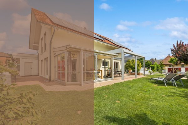 Aussenansicht mit Wintergarten und viel Umschwung