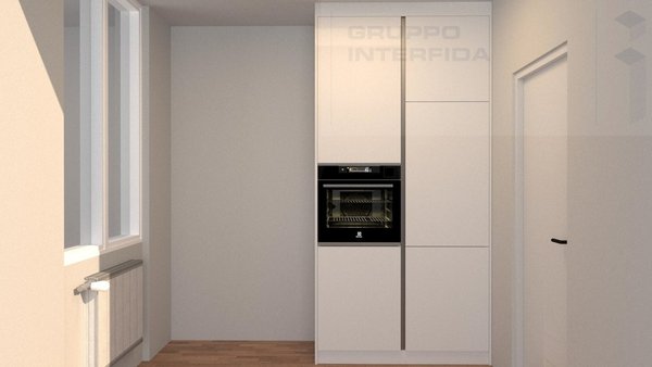 / a modern kitchen with white cabinets and a door to another room