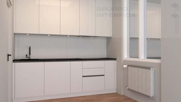 / white kitchen cabinets with sliding doors in a modern apartment