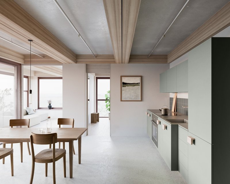 Visualization of kitchen, flooring parquet anhydrite, kitchen in field grey