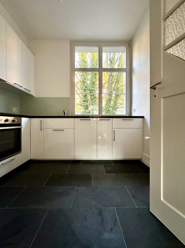 Cuisine agencée, frigo-congélateur, hotte extérieure, plaques induction, grande fenêtre triple vitrage., sol ardoise