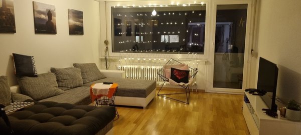 Gemeinsames Wohnzimmer mit TV und Kamin für heimliche Abende, inklusive grossem Balkon