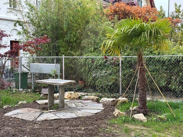 Entrée rue du Stand 23a, Jardin commun de 100m2, table granit