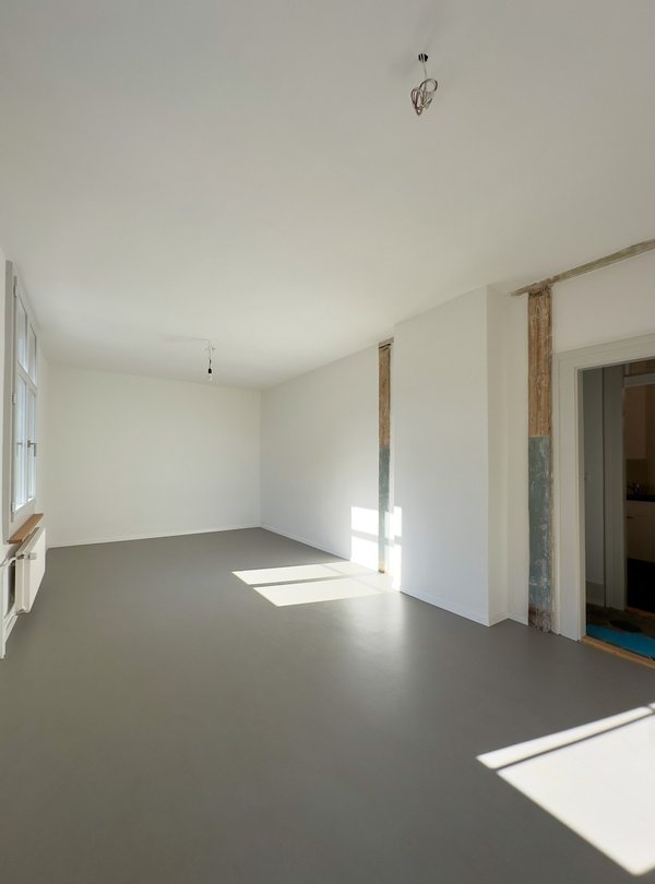 Séjour-living spacieux 27m2, hauteur sous plafond 300cm, armoire intégrée, 2 grandes fenêtres 140x200cm triple vitrage, vue dégagée, sol linoléum isolant phonique