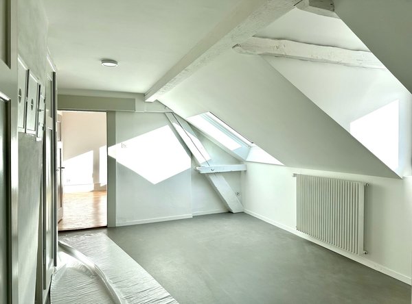 Séjour living  27 m², armoires intégrées, 2 VELUX, sol linoléum isolant, vue dégagée, prise 5G