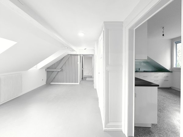 Séjour living  27 m², armoires intégrées, 2 VELUX, sol linoléum isolant, vue dégagée, prise 5G