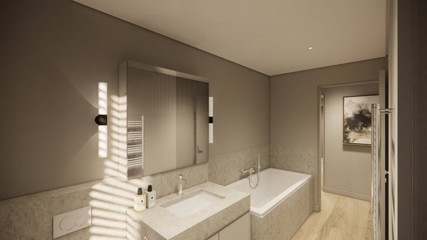 Badezimmer mit Badewanne, WC, Dusche und Doppellavabo