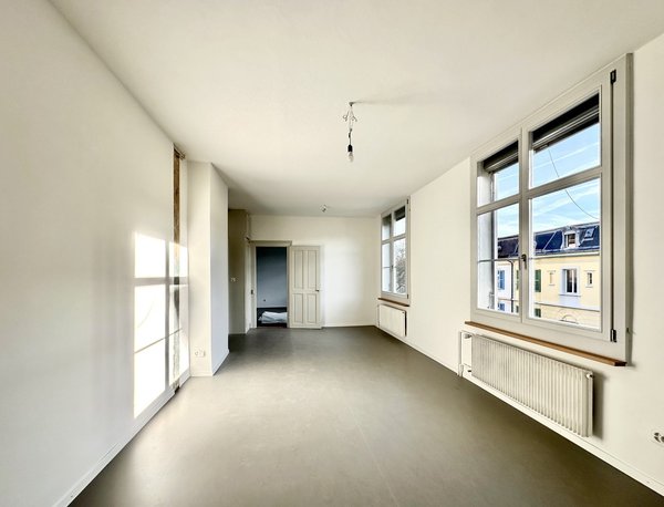 Séjour-living spacieux 27m2, hauteur sous plafond 300cm, armoire intégrée, 2 grandes fenêtres 140x200cm triple vitrage, sol linoléum isolé phoniquement