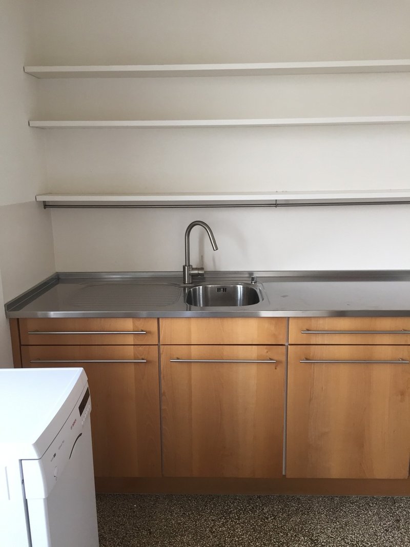 Küche mit freistehenden Kühlschrank, -Kochherd und -Geschirrspüler , Terrasse mit See-Sicht