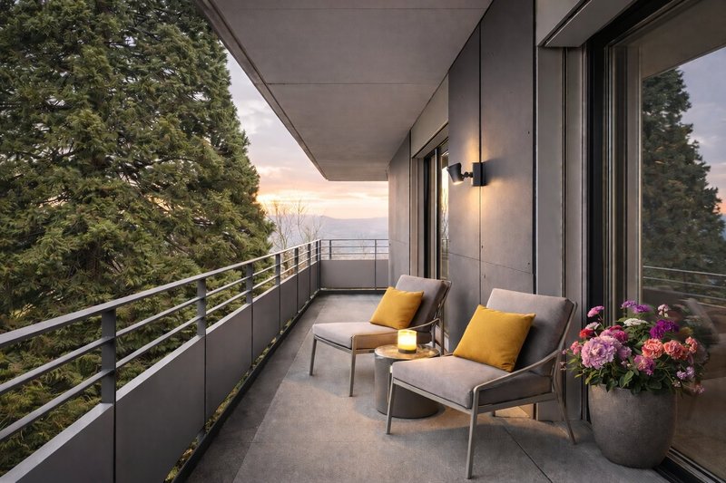 Seitenterrasse mit Blick ins Grüne und Richtung Zürichsee