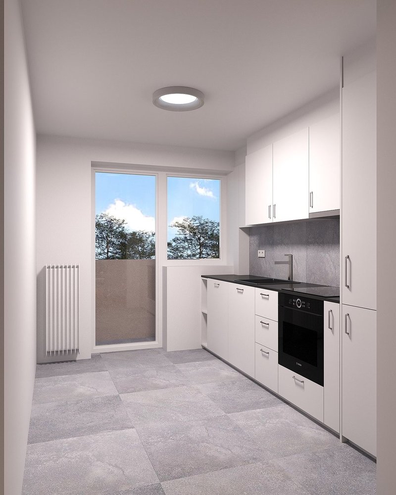 Visualisierung Küche. Achtung: dieses Bild weicht vom tatsächlichen Ausbau ab.