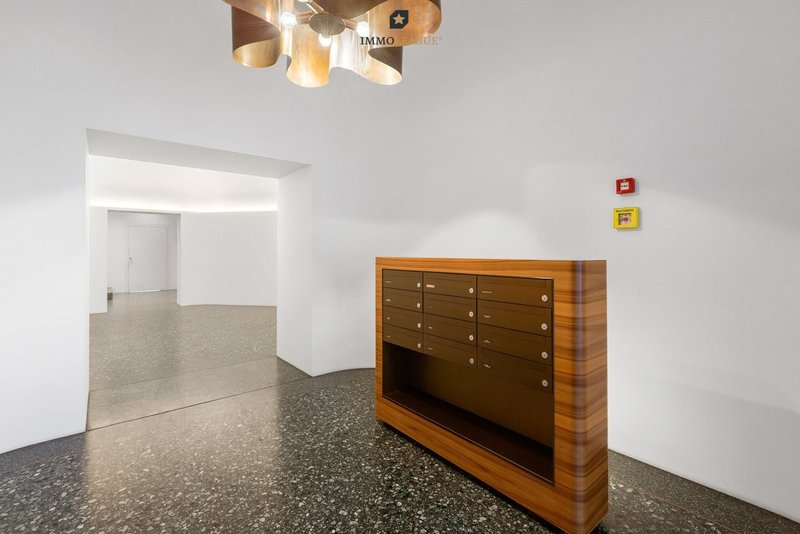Der grosszügige Eingangsbereich verbindet architektionische Klarheit mit feiner Materialität. Die edle Briefkasten-anlage und der Lift setzen präzise Akzente.