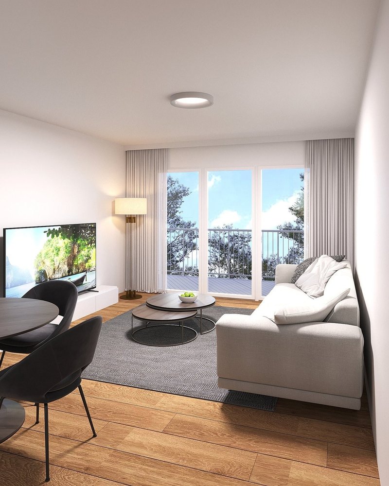 Visualisierung Wohnzimmer. Achtung: dieses Bild weicht vom tatsächlichen Ausbau ab.