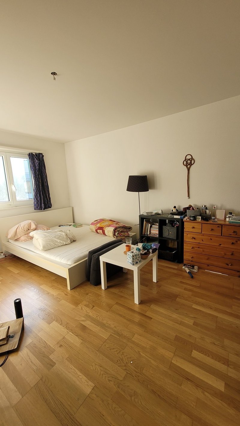 Bedroom. Furnished with bed (160x200) cm, one shelf, one medium cupboard, one hanging rack, and 1 set of working desk.