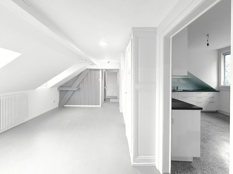 Séjour living  27 m², armoires intégrées, 2 VELUX, sol linoléum isolant, vue dégagée, prise 5G